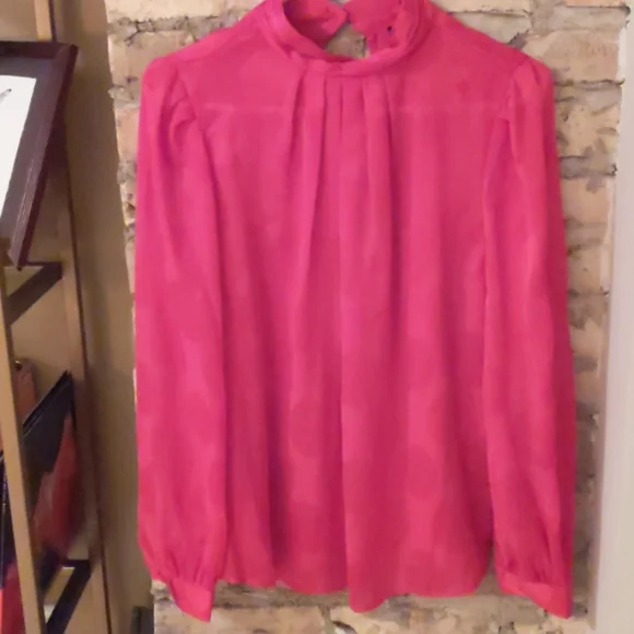 Red Silky High Collar Blouse - Picture 3 of 6